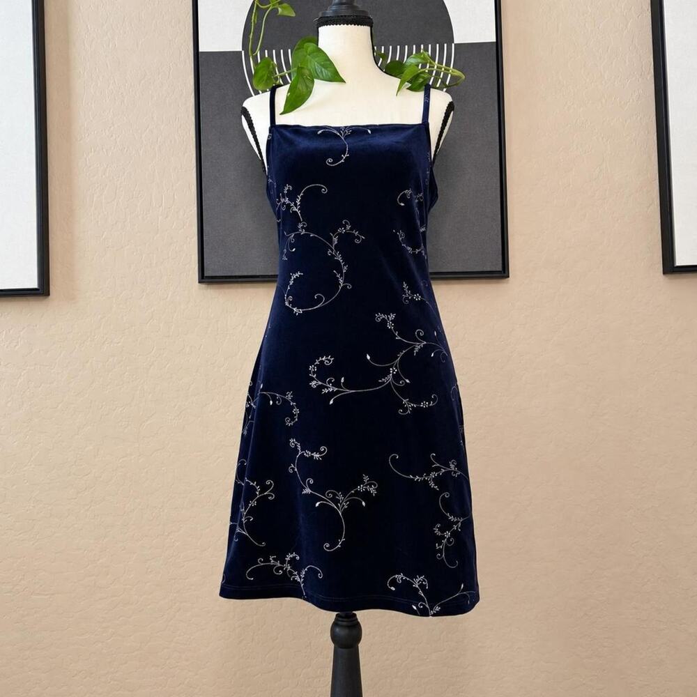 Y2K Navy Velvet Silver Glitter Vine Slip Dress Whimsigoth Mini